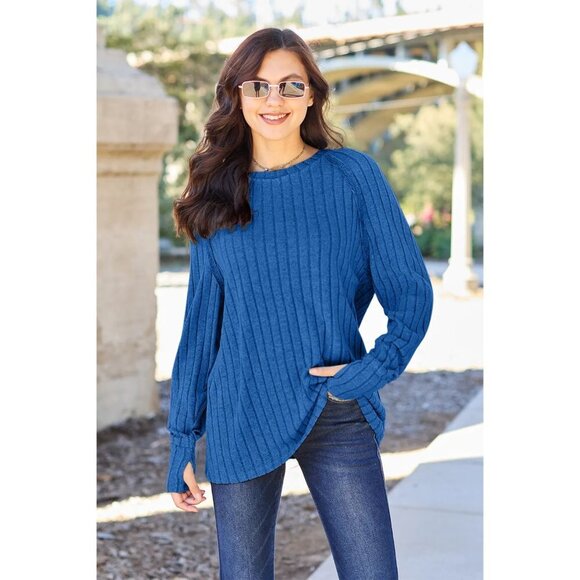 Basic Bae Full Size Ribbed Round Neck Long Sleeve Knit Top - Picture 1 of 3